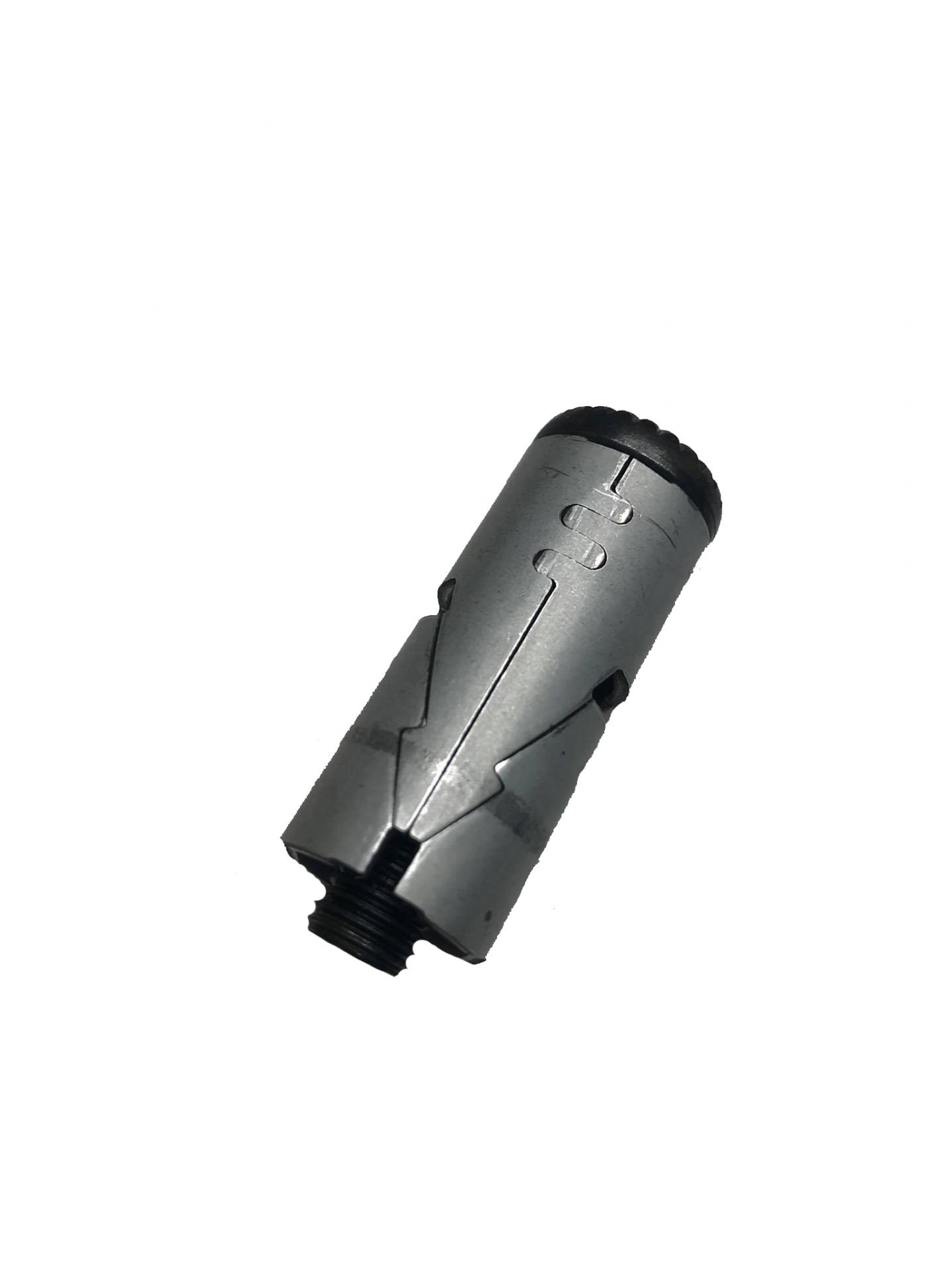 USM Haller Möbelverbinder Ersatzteil: Detailaufnahme des silbernen Verbindungsstücks mit Gewinde für modulare Möbelbausysteme.