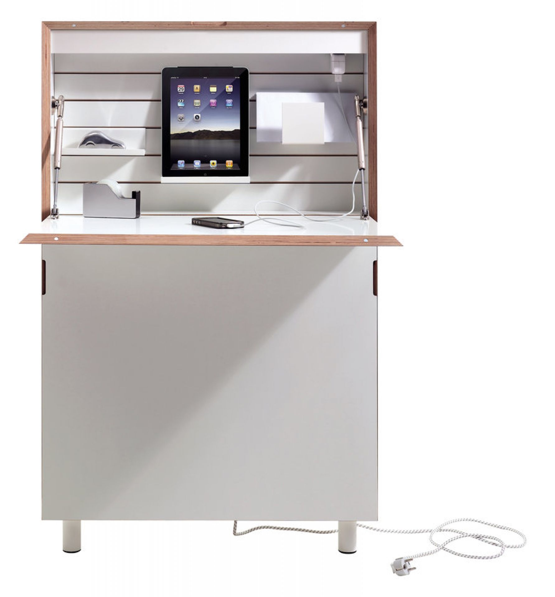 Flatmate Sekretär von Müller Möbelwerkstätten, geöffnet mit Tablet und Zubehör, platzsparender Schreibtisch.