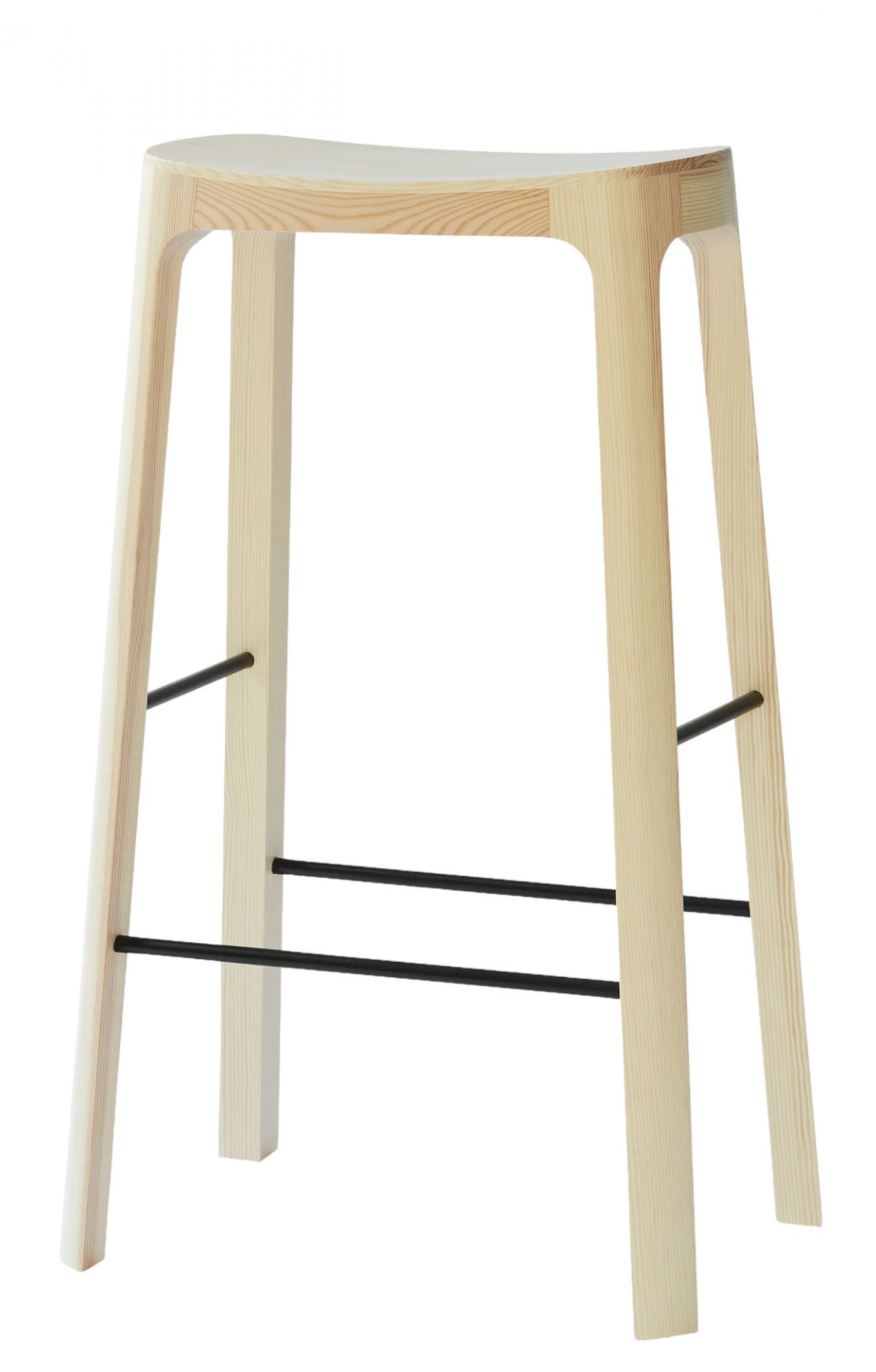 Crofton Barstool: Moderner Barhocker aus hellem Holz mit schwarzen Metallstreben für die Füße.