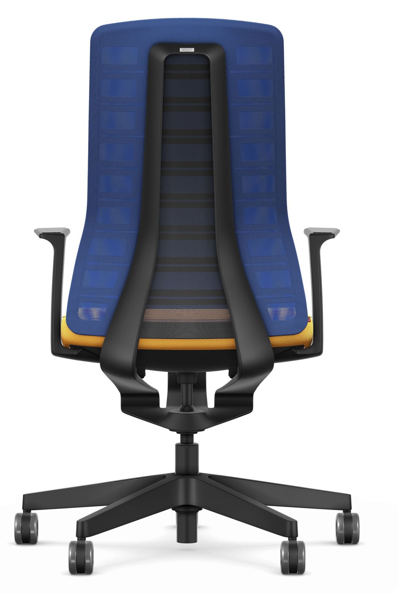 Rückansicht des Interstuhl Bürostuhls Pure Edition Active in Blau-Gelb mit schwarzem Gestell.