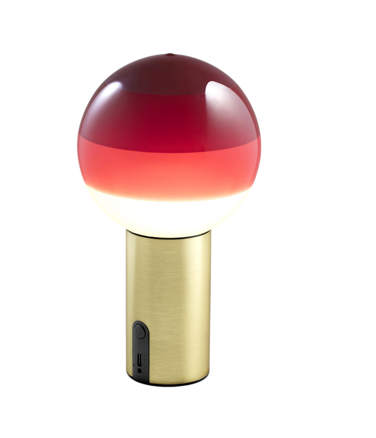 Nahaufnahme der Marset Dipping Light Portable LED Akkuleuchte mit rotem Farbverlauf und goldenem Sockel.