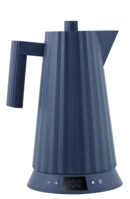 Blauer Alessi Plissé Wasserkocher mit Temperaturanzeige und gerippter Oberfläche.
