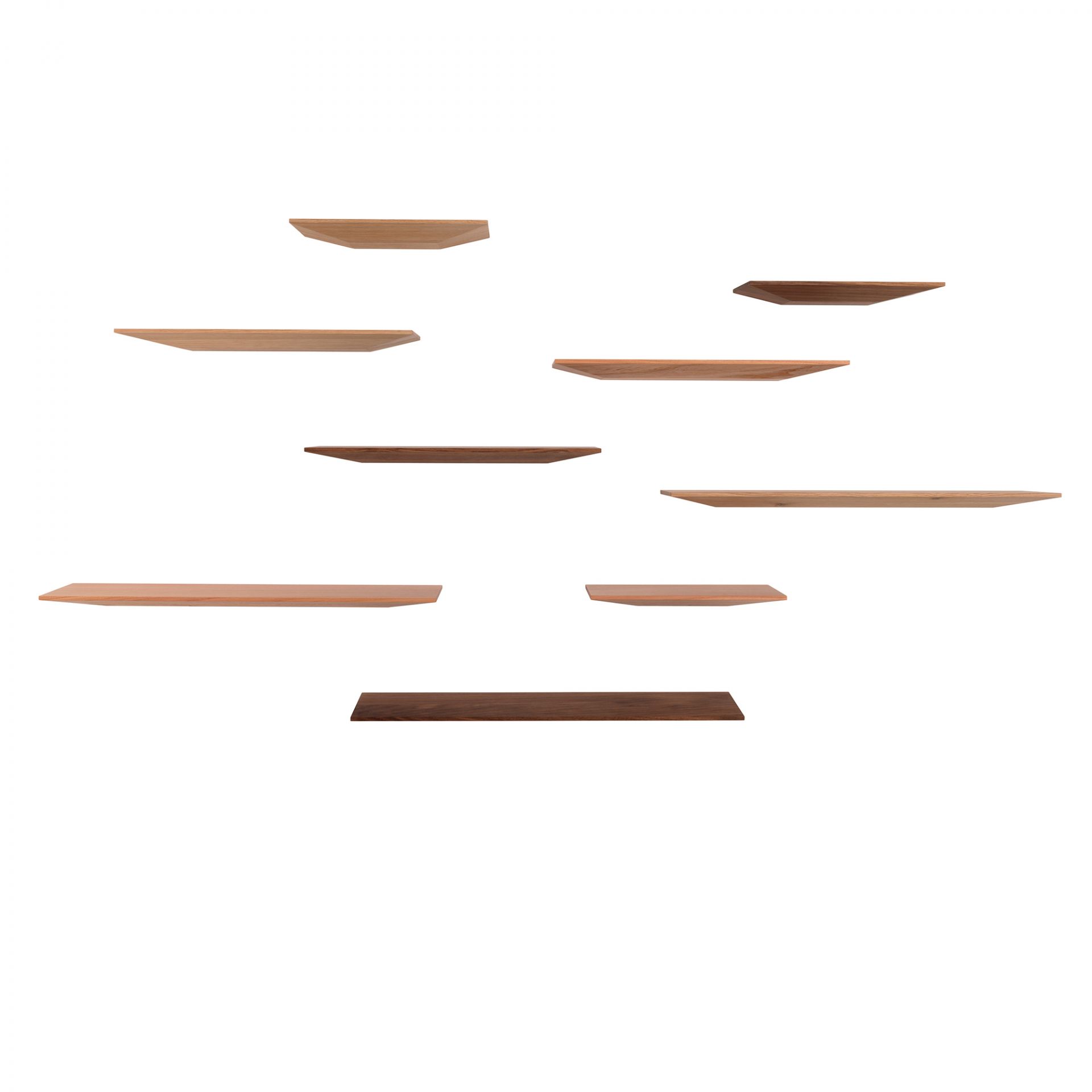 Schönbuch Cut Wandablage: Mehrere Holzregale in verschiedenen Brauntönen sind schwebend an einer Wand angeordnet.