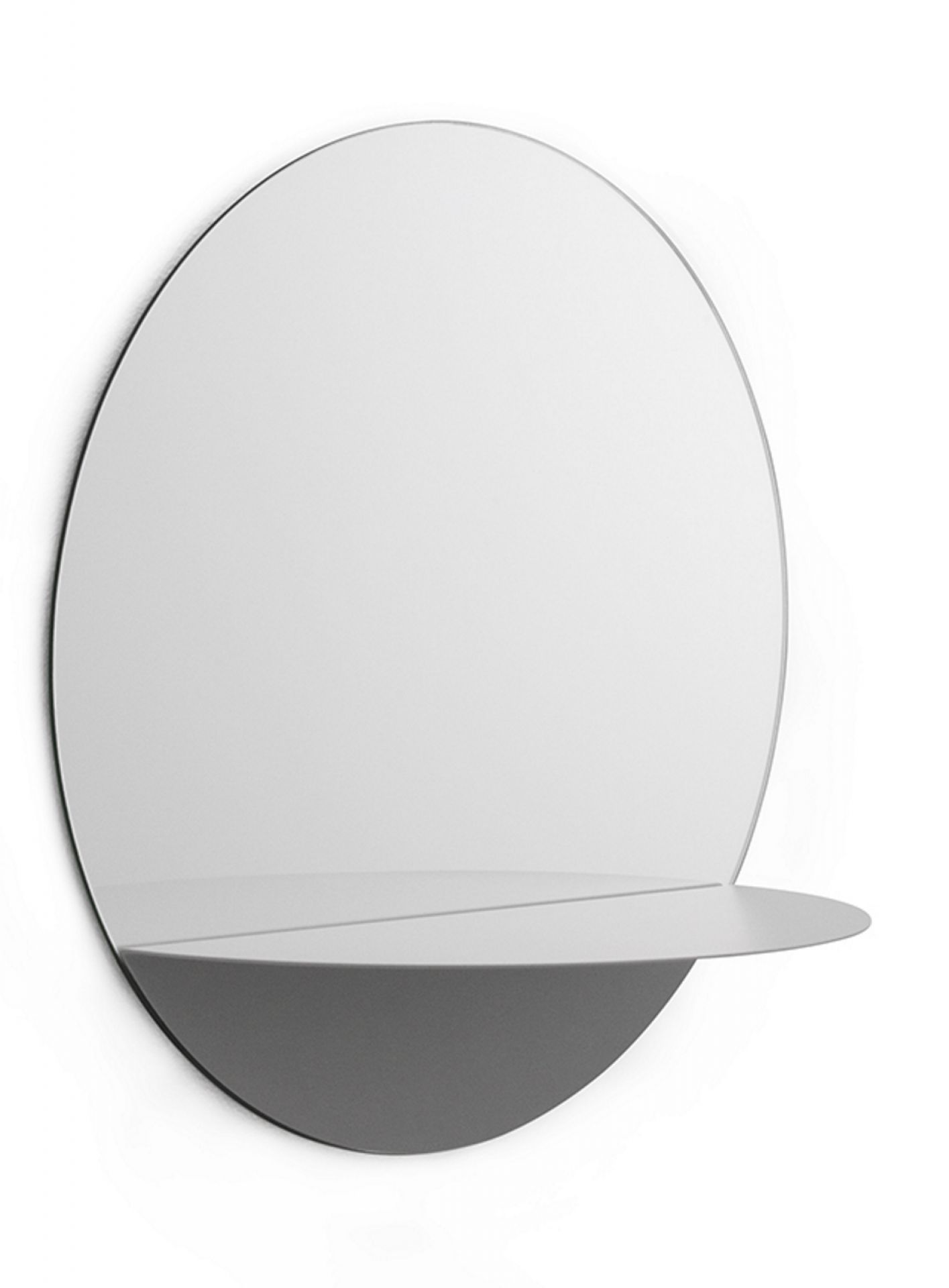 Runder Spiegel "Horizon Mirror" von Normann Copenhagen mit integrierter Ablage in Grau.