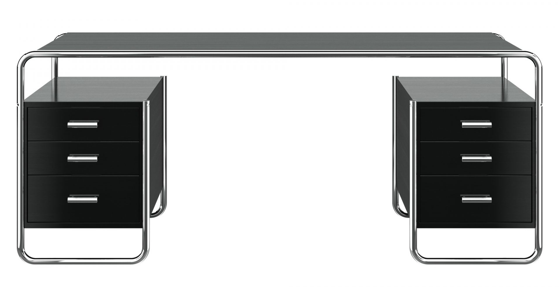 S 285/1 Stahlrohr Schreibtisch von Thonet mit schwarzer Tischplatte und Schubladencontainern. Designklassiker.