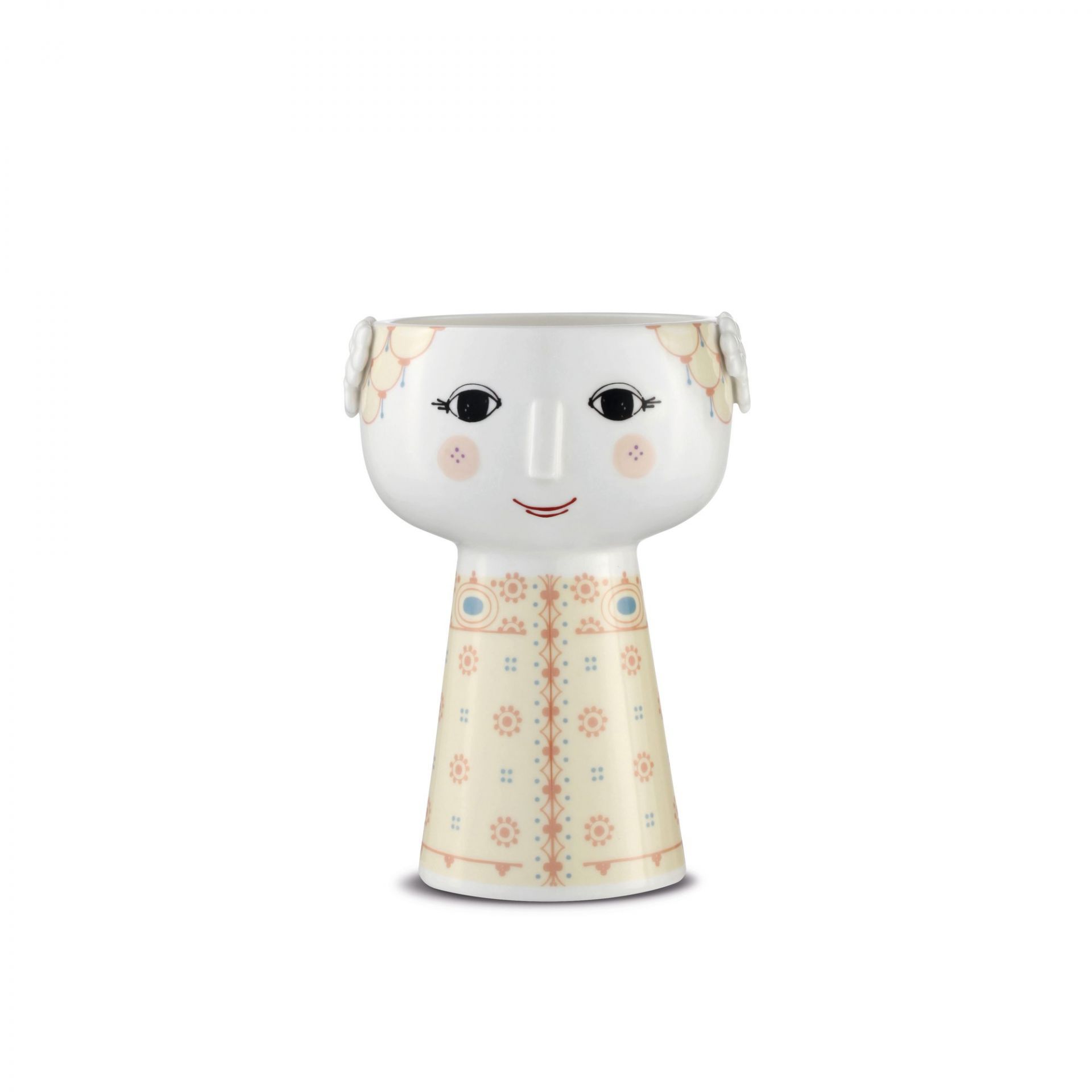 Gelbe Bjorn Wiinblad Eva Vase, 15 cm, mit Gesicht und floralem Dekor für Wohnzimmer und Tischdeko.