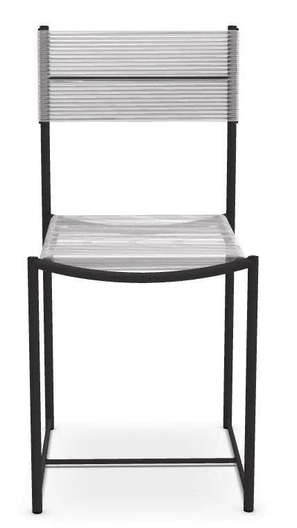 Schwarzer Spaghetti Chair mit transparenter Sitzfläche und Rückenlehne, modernes Design für Esszimmer und Wohnbereich.