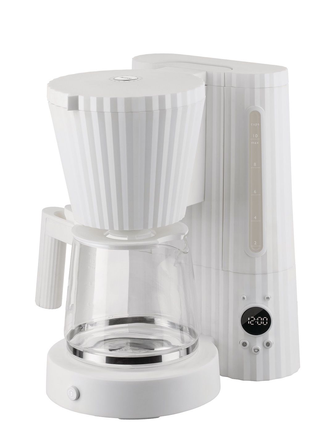 Weiße Alessi Plissé Filterkaffeemaschine MDL14 mit Glaskanne und digitaler Anzeige für frischen Filterkaffee.