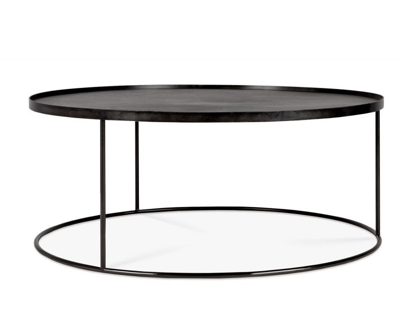 Schwarzer, runder Ethnicraft Couchtisch / Tabletttisch mit filigranem Metallgestell für Wohnzimmer.