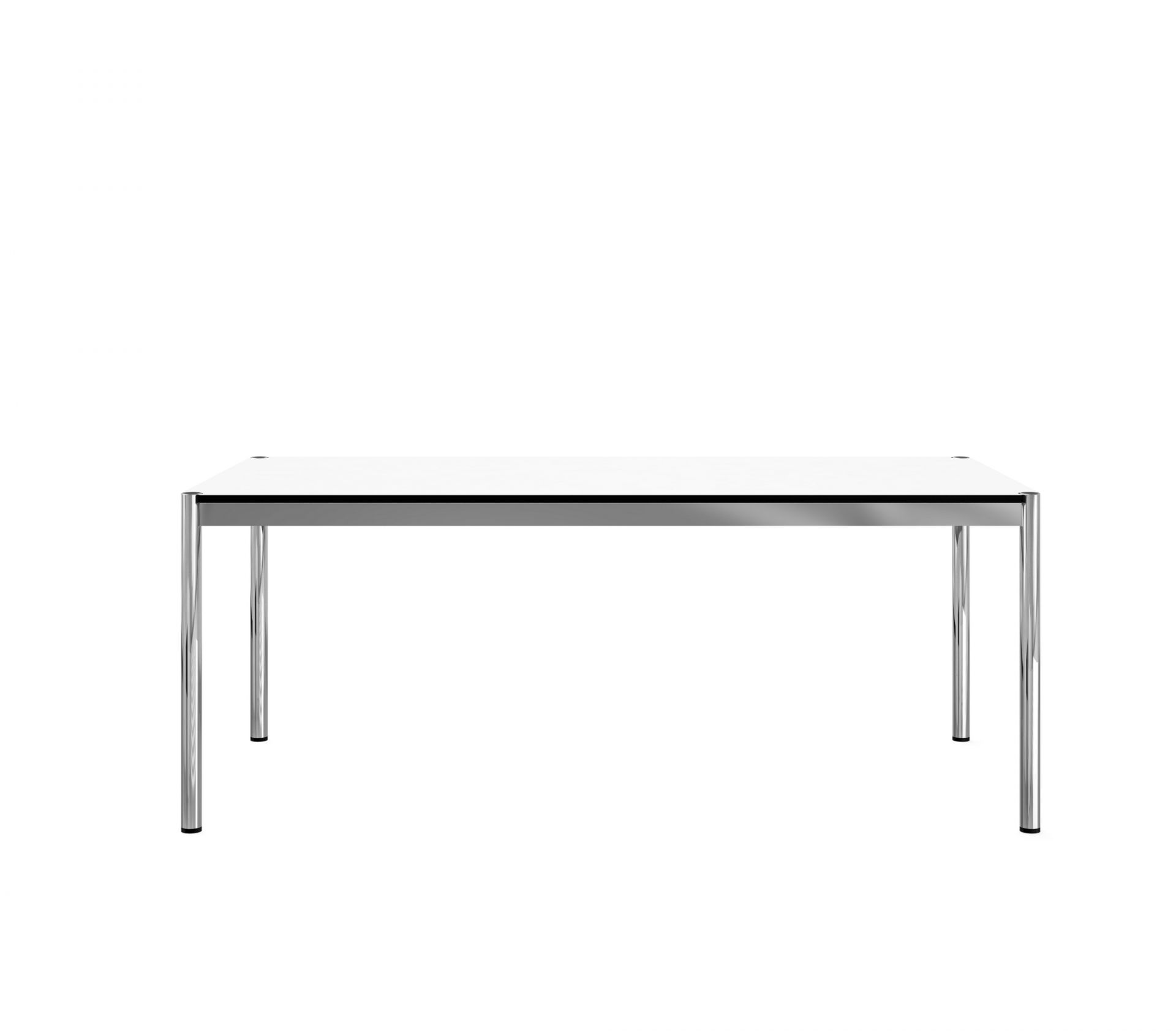 USM Haller Tisch, perlgraue Tischplatte mit verchromtem Gestell, modernes Design für Büro und Wohnbereich.