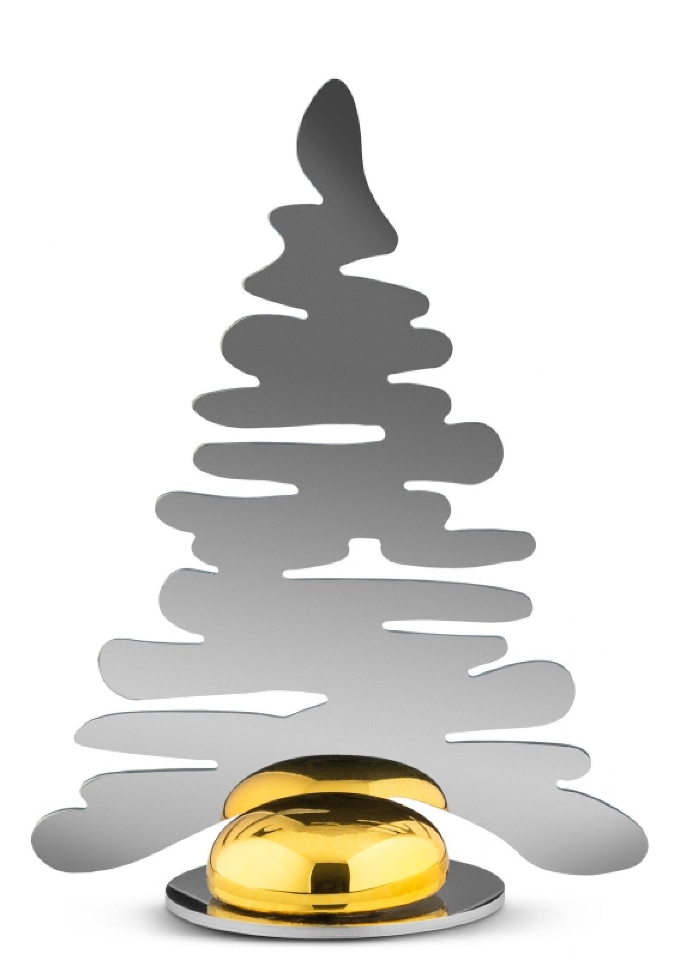 Alessi Bark Tischkartenhalter: Silberner Baum mit goldenen Magnetkugeln für stilvolle Tischdekoration.