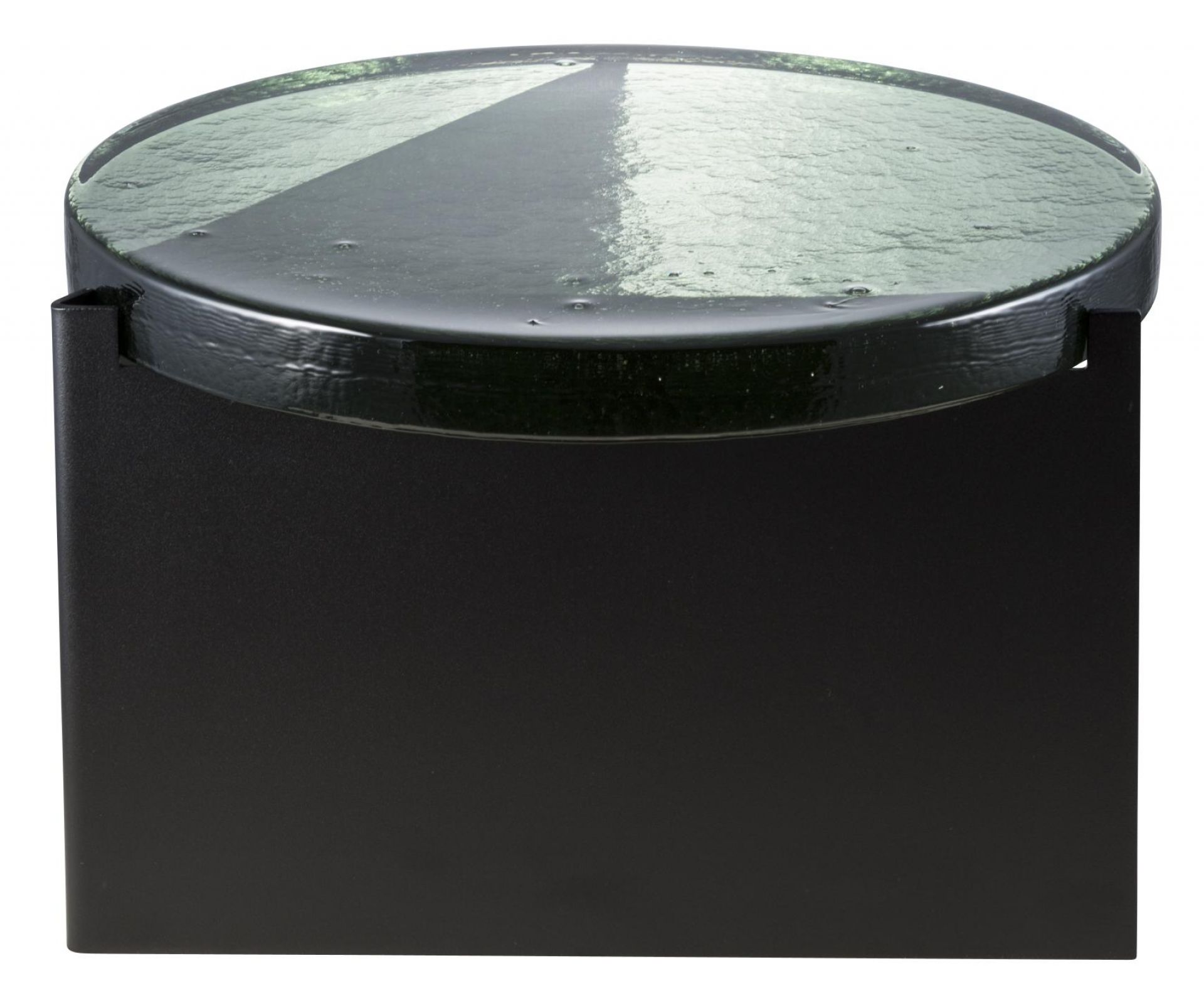 Alwa One Couchtisch mit runder, grüner Glasplatte und schwarzem Metallfuß. Moderner Wohnzimmertisch.