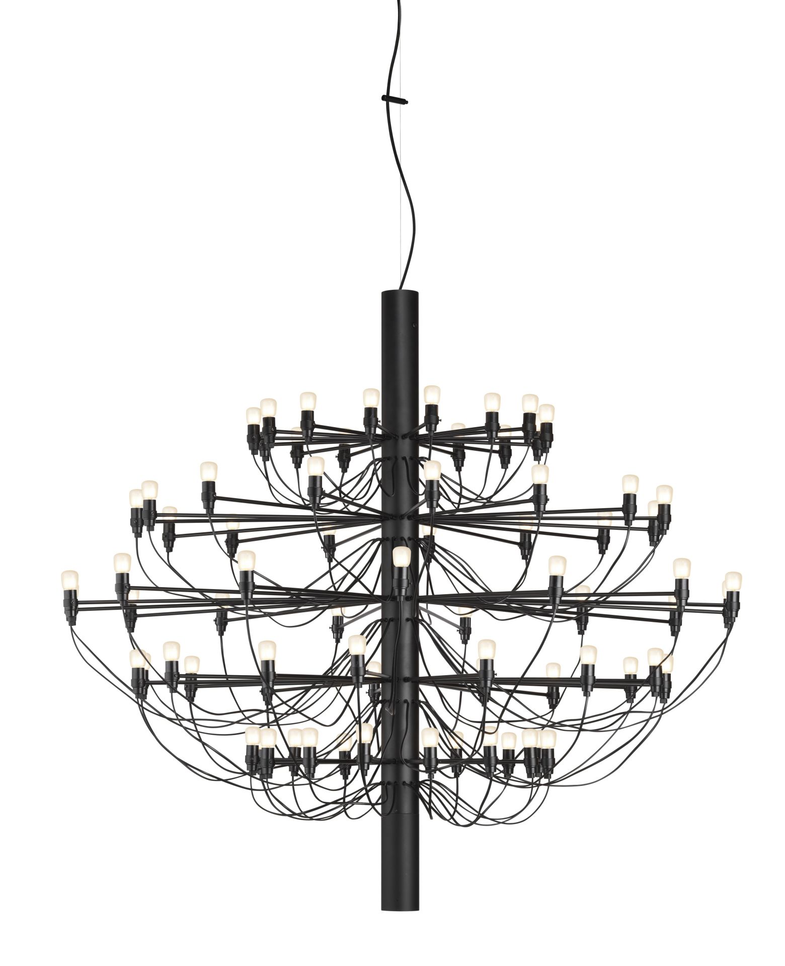 Schwarzer Flos 2097 Kronleuchter mit 75 mattierten Glühbirnen, modernes Design für Wohnzimmer und Esszimmer.