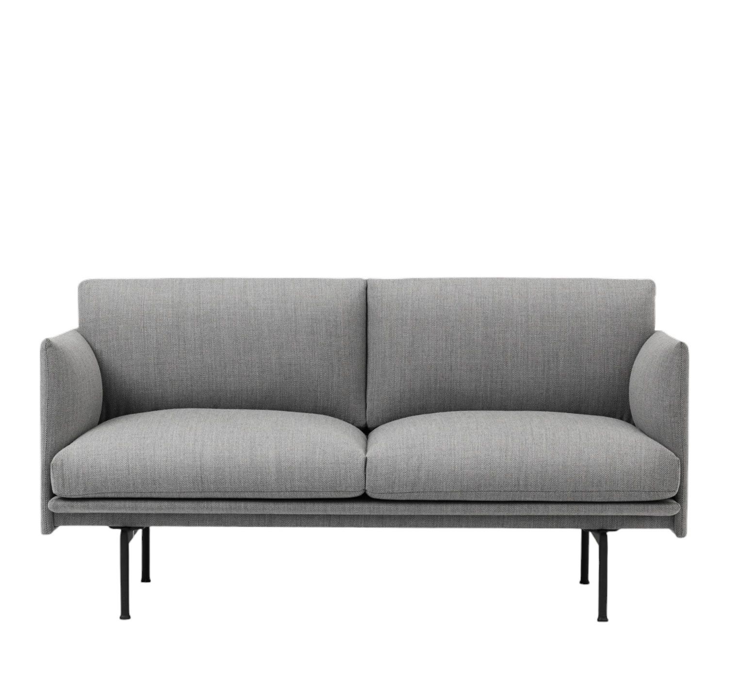Graues Muuto Outline Studio Sofa mit minimalistischem Design und schwarzen Beinen. Bequemes 2-Sitzer Sofa.
