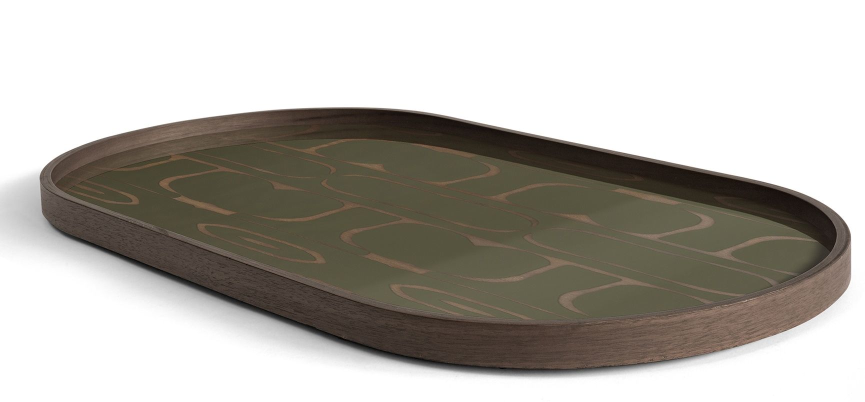 Ovales Second Nature Tablett aus Holz mit abstraktem, grünem Muster. Dekoration und Serviertablett.