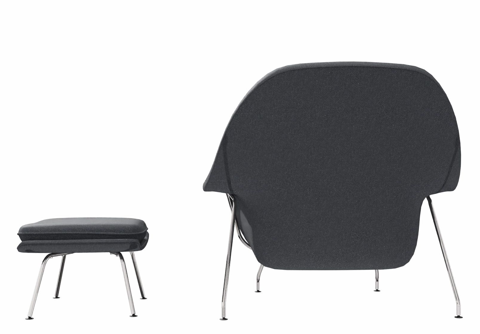 Knoll International Womb Hocker in Mittelgrau, Rückansicht mit verchromten Beinen, modernes Design für Wohnzimmer und Büro.