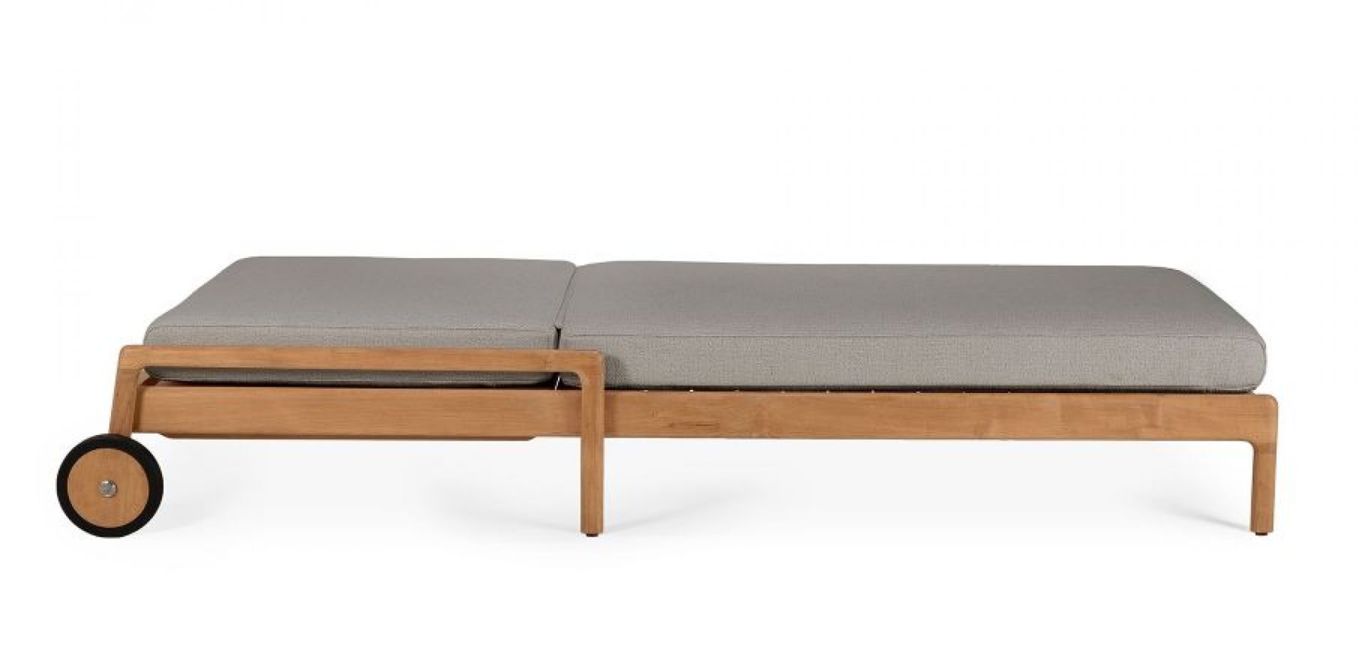 Kissen für Ethnicraft Jack Outdoor Liege aus Teakholz mit Rädern und grauem Polster.