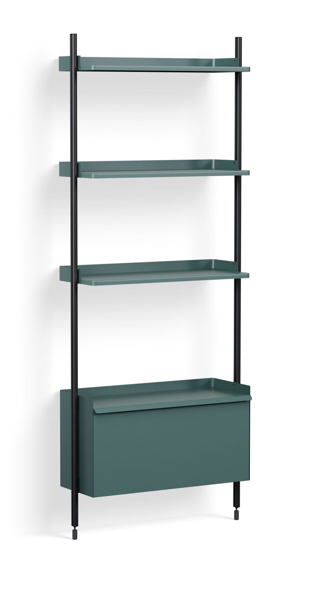 Hay Pier System Regal mit Stahlblau-farbenen Regalböden und schwarzer Metallsäule. Modernes Wandregal.