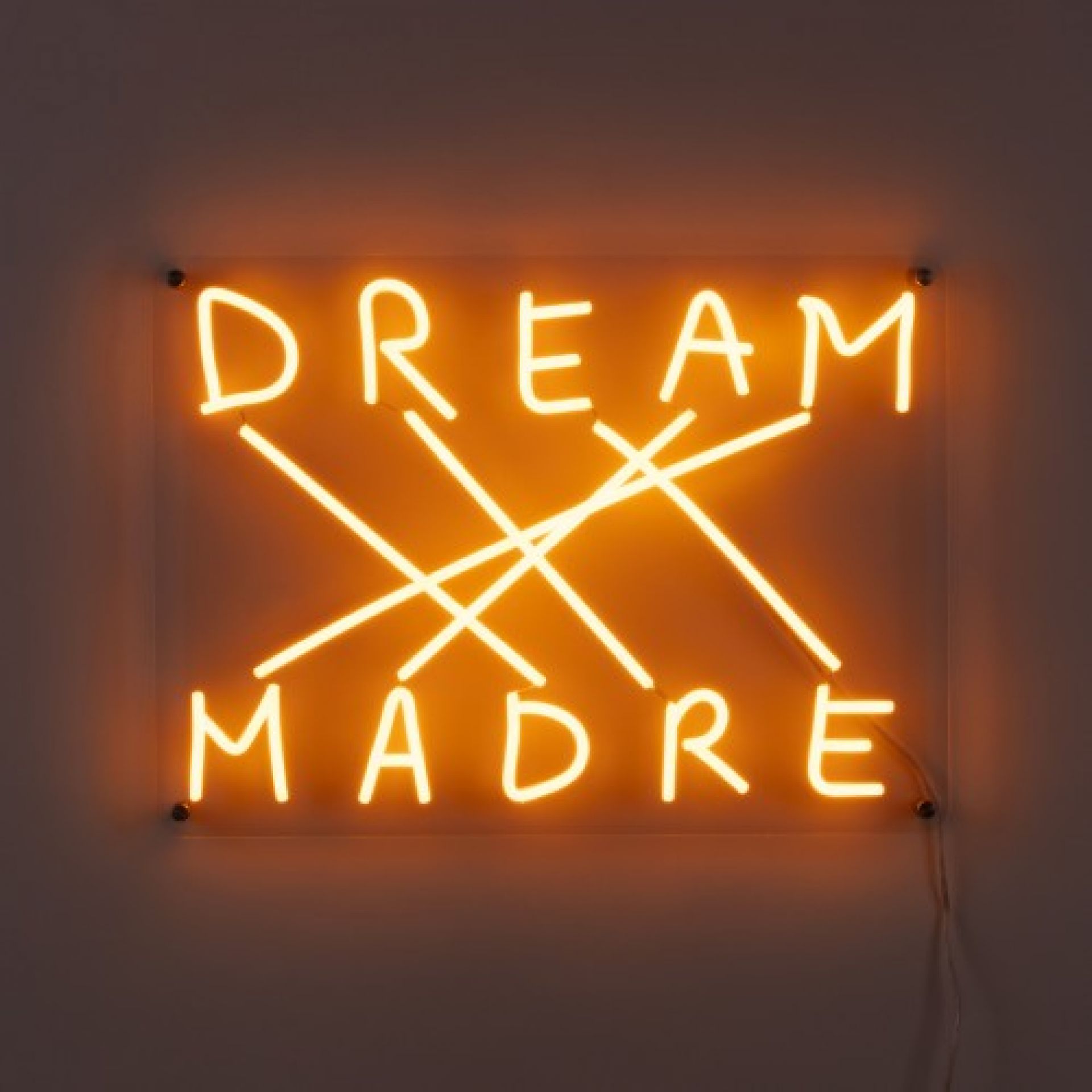 Nahaufnahme: Dream Madre LED Wandleuchte von Seletti, dimmbar, orangefarbenes Neonlicht auf transparentem Hintergrund.