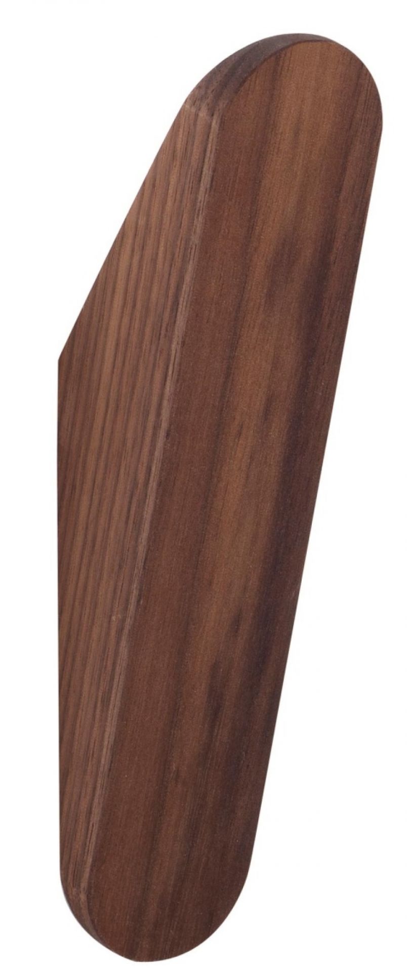 Nahaufnahme des Schönbuch Cut Wandhakens aus dunklem Holz. Moderner Garderobenhaken.