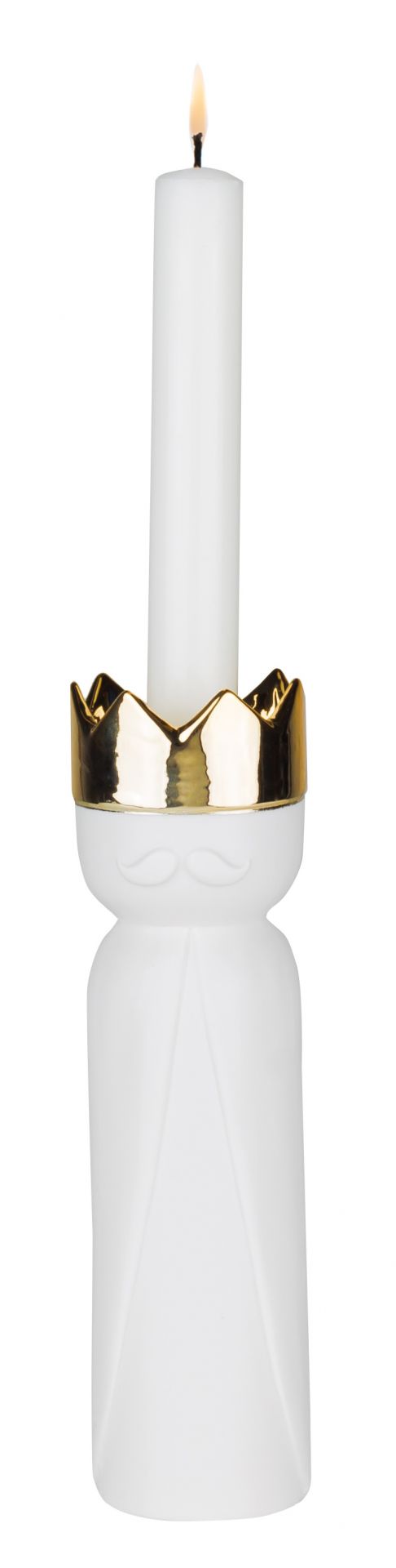 Königslicht Kerzenhalter: Weißer Kerzenständer mit goldener Krone und Kerze, Teil des 3-er Sets.