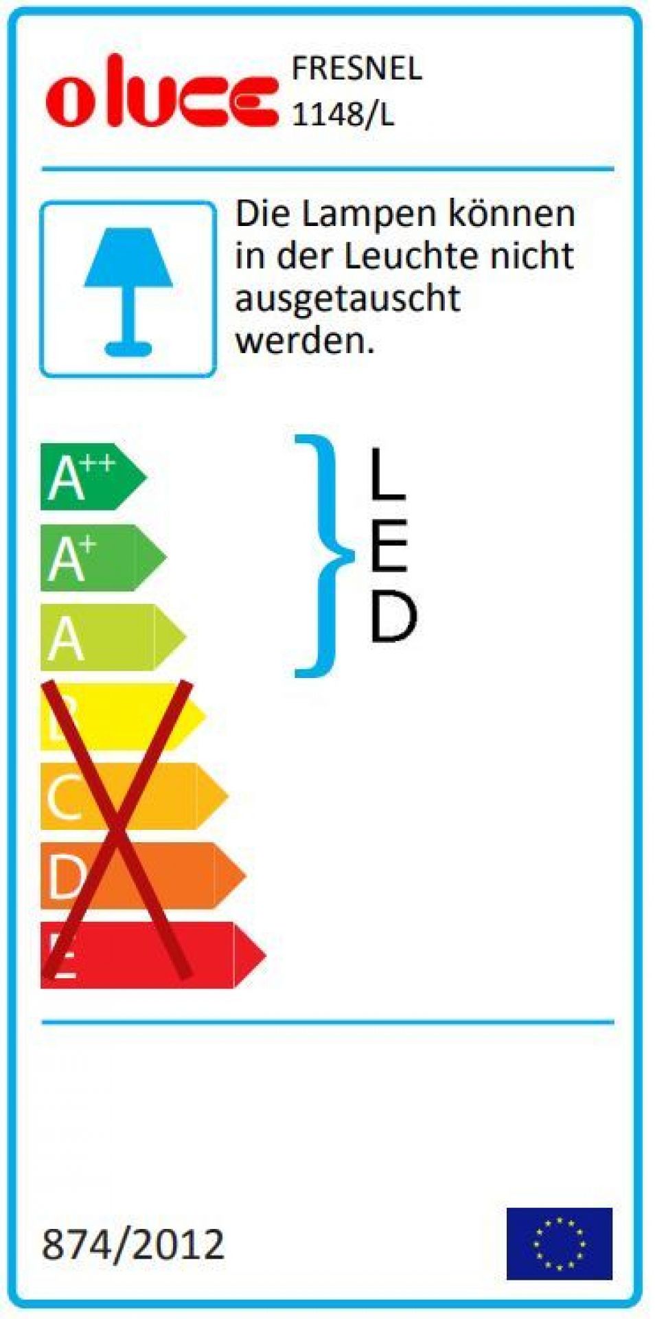 Energielabel der Oluce Fresnel 1148 LED Außenwandleuchte, zeigt Energieeffizienzklasse A. Lampe nicht austauschbar.