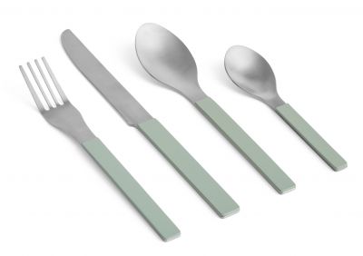 MVS Cutlery Set: Messer, Gabel, großer und kleiner Löffel mit hellgrünen Griffen.