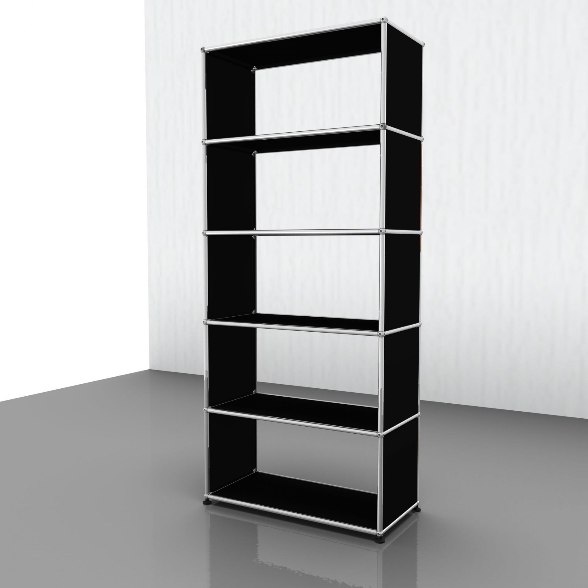 USM Haller Regal graphitschwarz mit fünf Fächern, modulare Möbel für Büro und Wohnen.