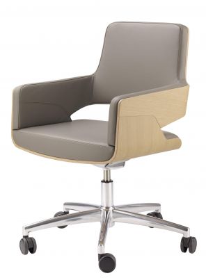 S 845 Thonet Drehsessel mit grauem Lederbezug und Armlehnen aus hellem Holz auf Rollen.