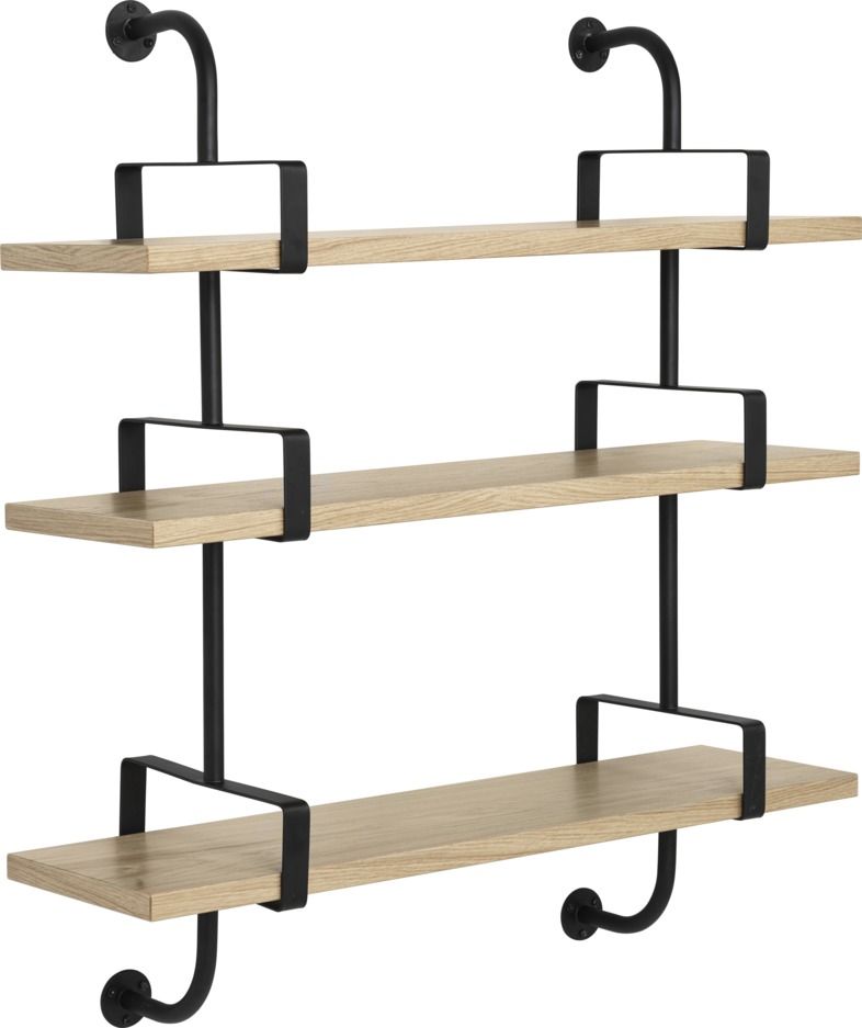 Démon Regal 95 von Gubi: Wandregal mit drei hellen Holzablagen und schwarzer Metallhalterung.