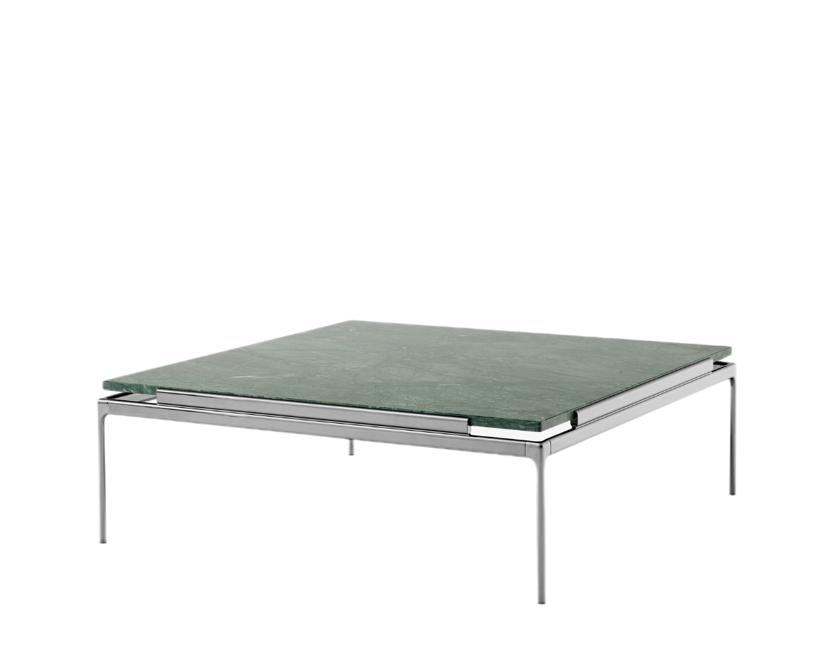 Sett LN12 Couchtisch von AndTradition mit grüner Marmorplatte und filigranem Stahlgestell.