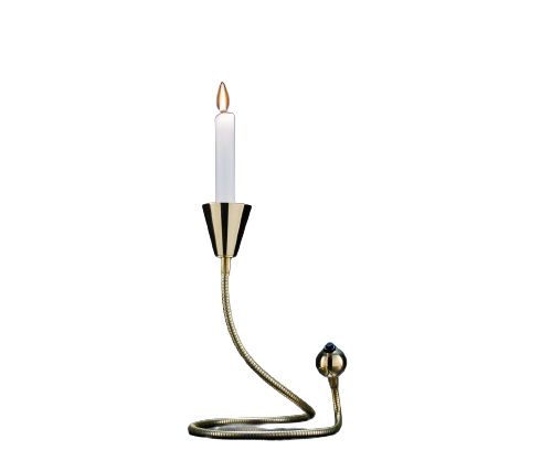 Miracolo Kerzenständer von Catellani & Smith: Goldener, flexibler Tischleuchter mit brennender Kerze. Dekorative Beleuchtung.