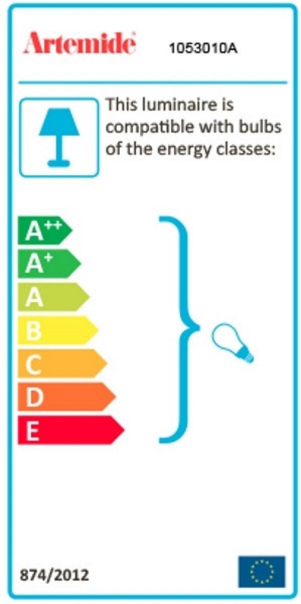 Energieeffizienzlabel für Artemide Leuchte, kompatibel mit Leuchtmitteln der Energieklassen A++ bis E.