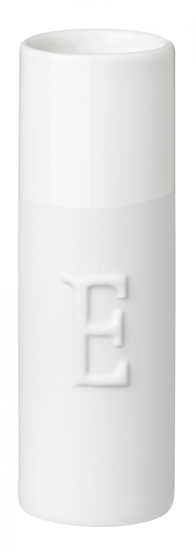 Weiße Wolke Sieben Minivase von Räder mit geprägtem Buchstaben "E", minimalistische Dekoration für Zuhause.