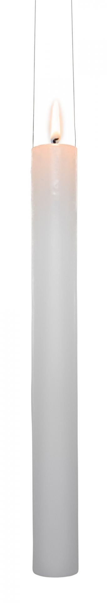 Weiße Fly Candle Fly! Hängekerze von Ingo Maurer mit brennender Flamme, an dünnen Drähten aufgehängt.