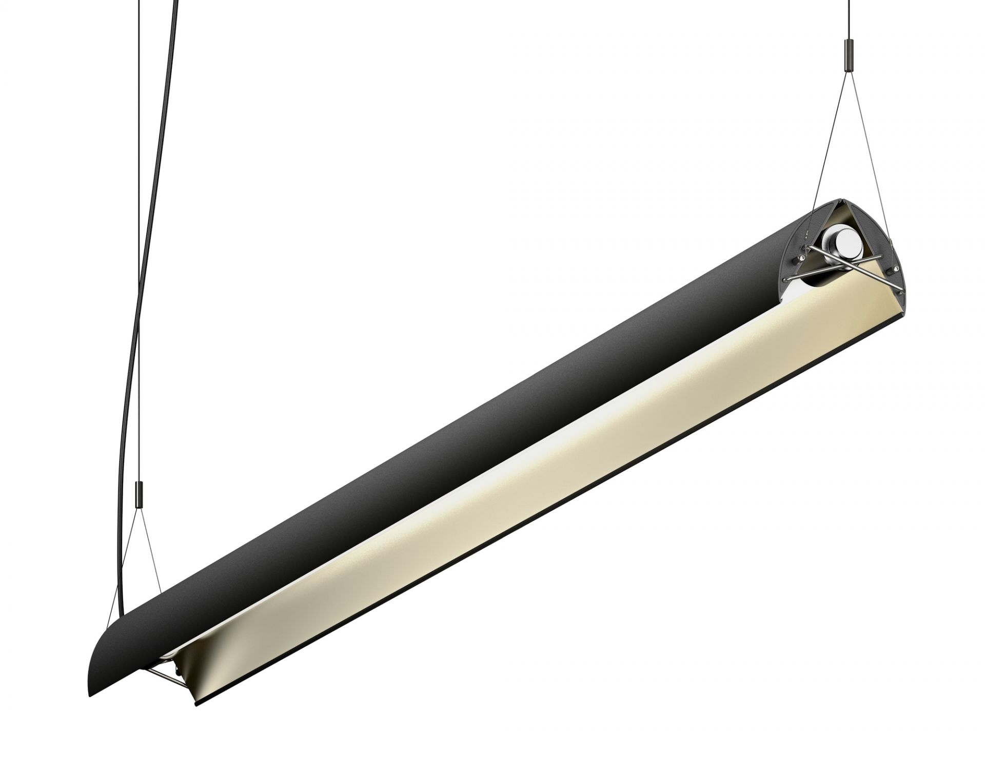 Nahaufnahme der Belux Updown Pendelleuchte 32 in Schwarz, dimmbare Büroleuchte mit warmweißem Licht.