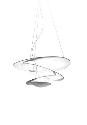 Weiße Pirce LED Pendelleuchte von Artemide mit spiralförmigen, schwebenden Elementen für moderne Beleuchtung.