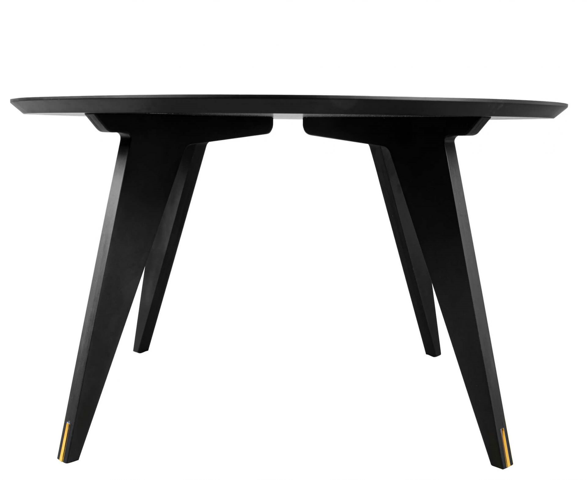 Toiletpaper Round Table Snakes Esstisch Seletti, runder schwarzer Küchentisch mit drei Beinen und goldenen Akzenten.