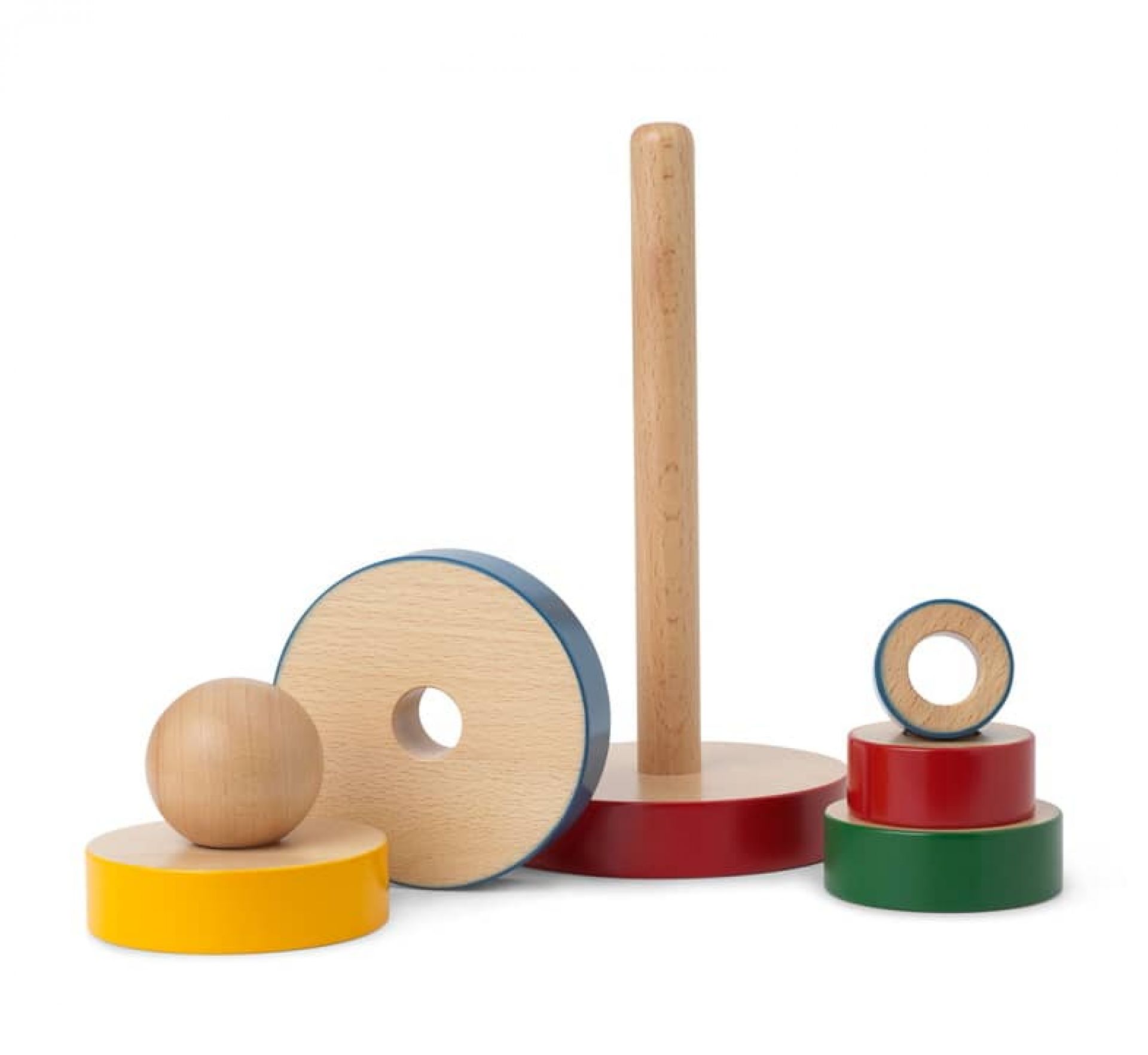 Kay Bojesen Stabel Tarn Pyramidenturm aus Holz, ein farbenfrohes Stapelspielzeug für Kinder.