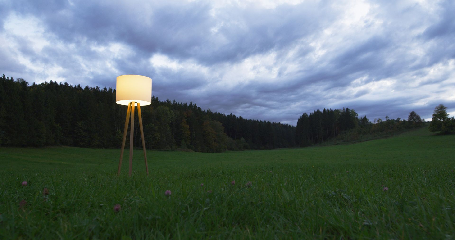 Luca Stand Stehleuchte von Maigrau: Geräucherte Eiche mit naturweißem Filzschirm im Grünen. Design Stehlampe.