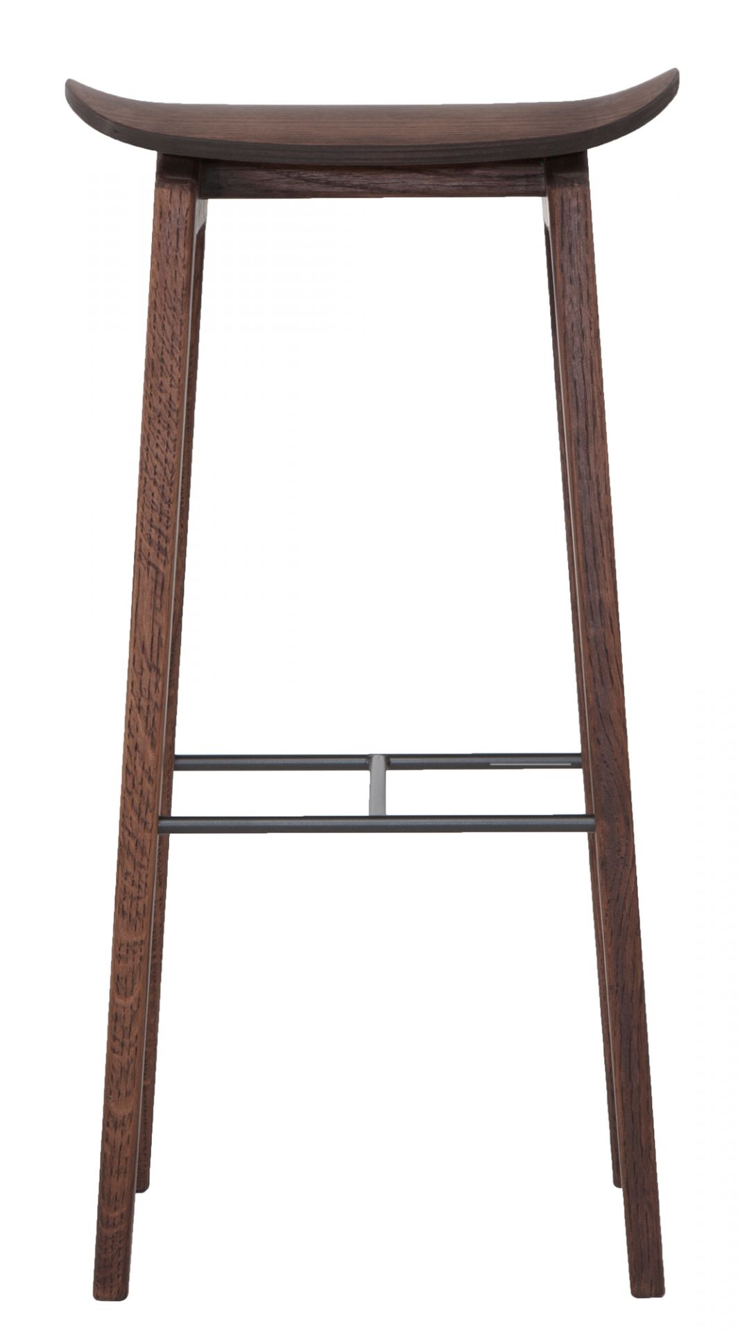 NY11 Barhocker aus dunkel gebeizter Eiche, 75 cm hoch, mit Fußstütze.