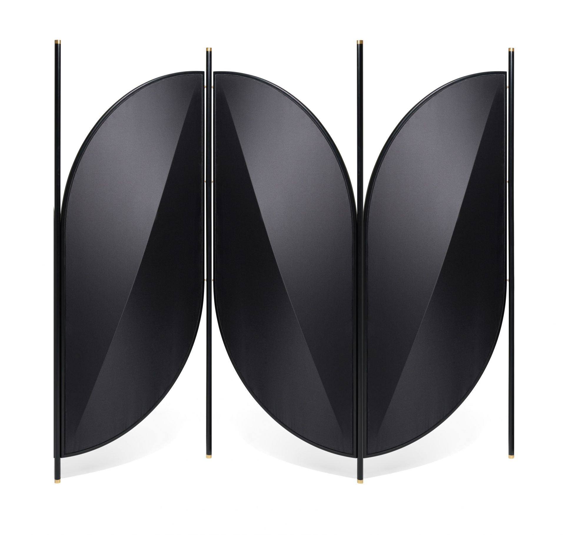 Schwarzer Feng Paravent von Wiener GTV Design mit drei halbkreisförmigen Elementen und goldenen Akzenten.