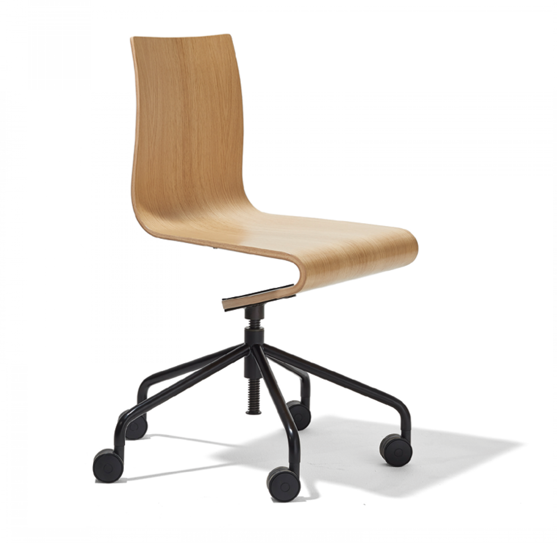 Seesaw Bürostuhl von Richard Lampert: Holzstuhl mit Rollen und schwarzem Gestell. Ergonomischer Arbeitsstuhl.