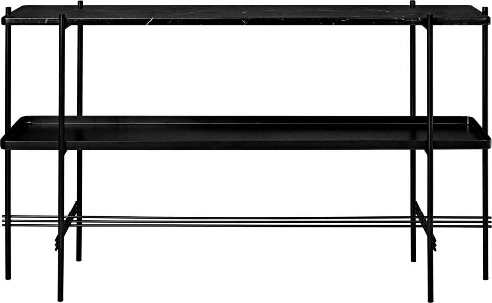 Schwarze TS Konsole mit Tablett von Gubi: Moderner Beistelltisch mit Marmorplatte und filigranem Metallgestell.