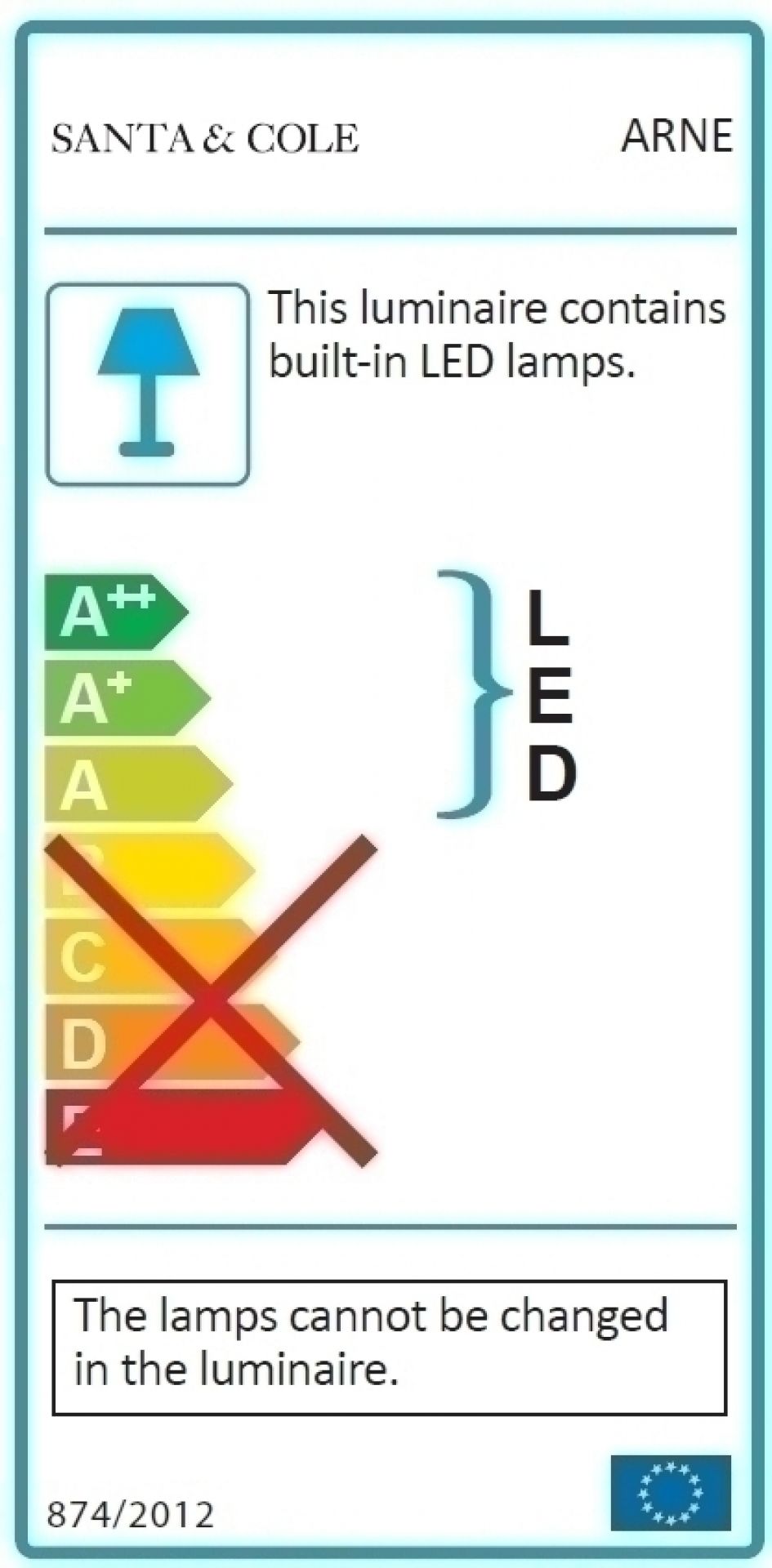 Energieeffizienzlabel der Arne Domus Hängeleuchte von Santa & Cole mit integrierten LED-Lampen.