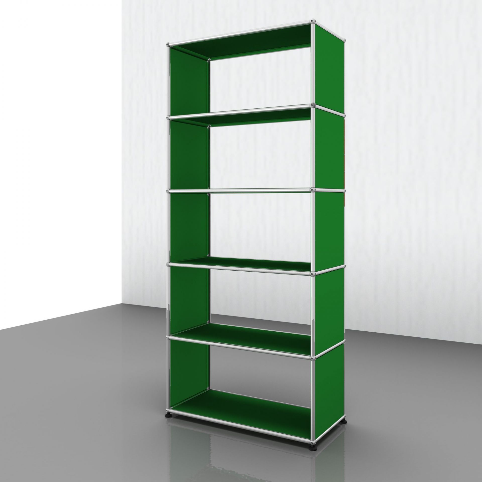 USM Haller Regal in Grün mit fünf Fächern, modernes modulares Regalsystem für Wohnen und Büro.