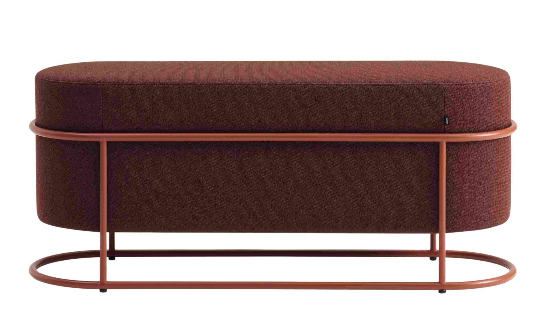 Braune Drop Bank von Cor mit ovaler Sitzfläche und Metallgestell für Wohnzimmer.