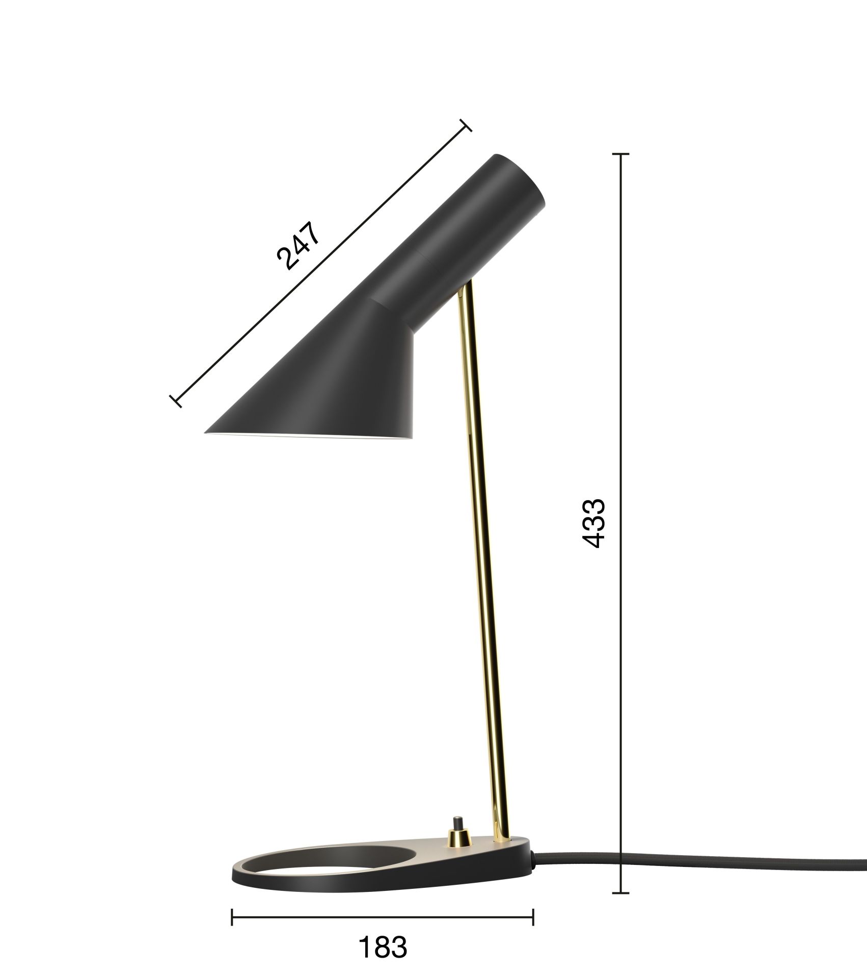 AJ Mini Tischleuchte von Louis Poulsen in Schwarz mit goldenem Ständer, modernes Design.