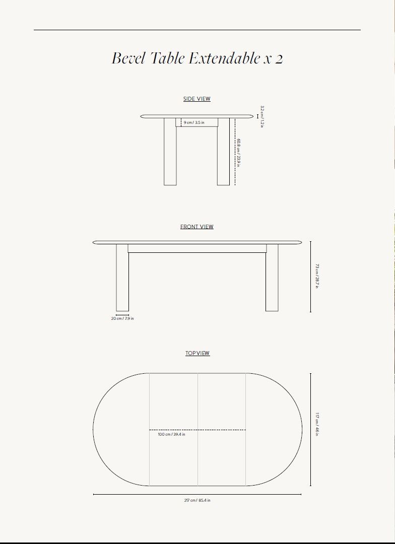 Skizze des Ferm Living Bevel Table Ausziehtisch in Eiche geölt, mit Maßangaben für die Planung.