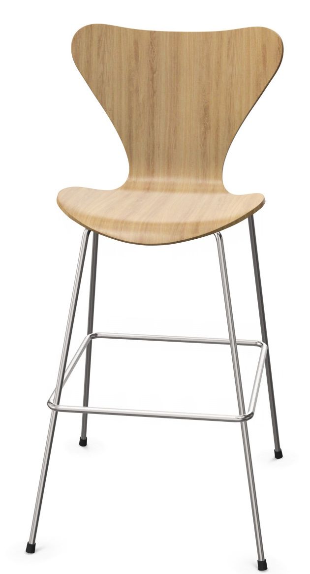 Siebener Barhocker von Fritz Hansen mit Eicheholz Sitzfläche und Chromgestell, modernes Design.